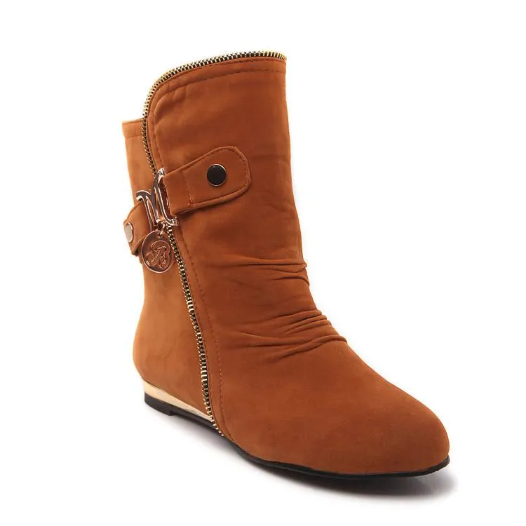 Women fashion buckle strap side zipper short flat boots