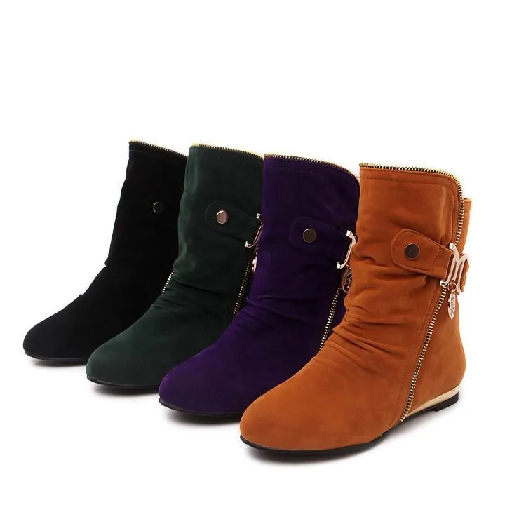 Women fashion buckle strap side zipper short flat boots