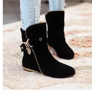 Women fashion buckle strap side zipper short flat boots