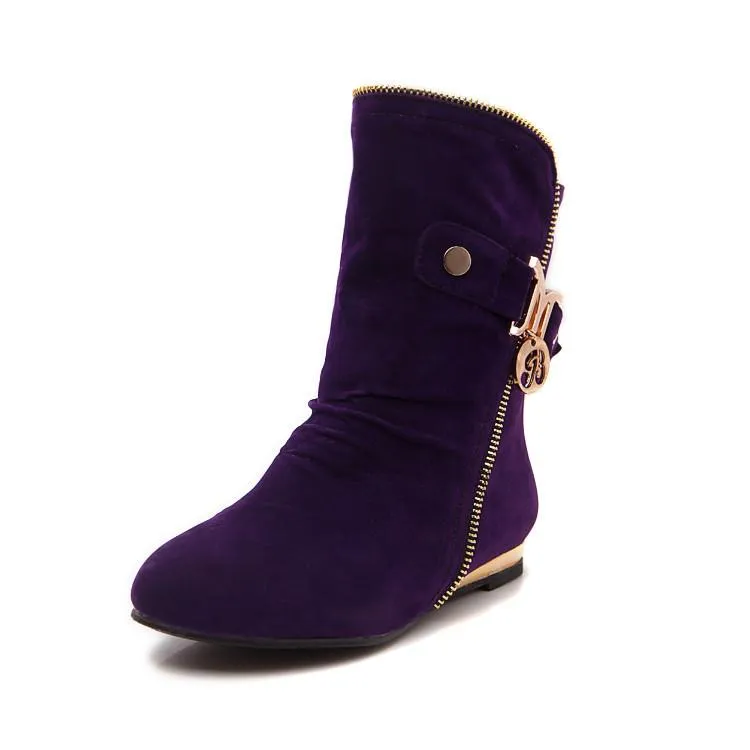 Women fashion buckle strap side zipper short flat boots