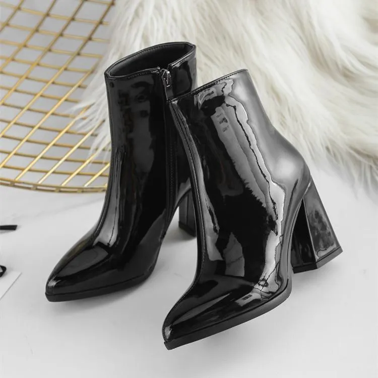 Women metal mirror pointed toe chunky high heel short boots