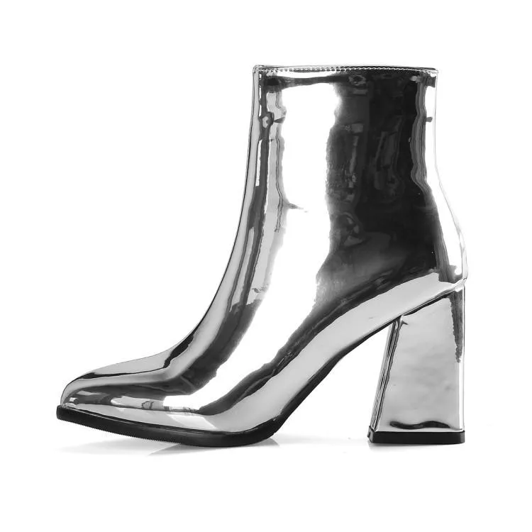 Women metal mirror pointed toe chunky high heel short boots