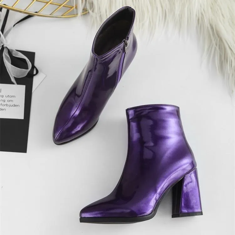 Women metal mirror pointed toe chunky high heel short boots