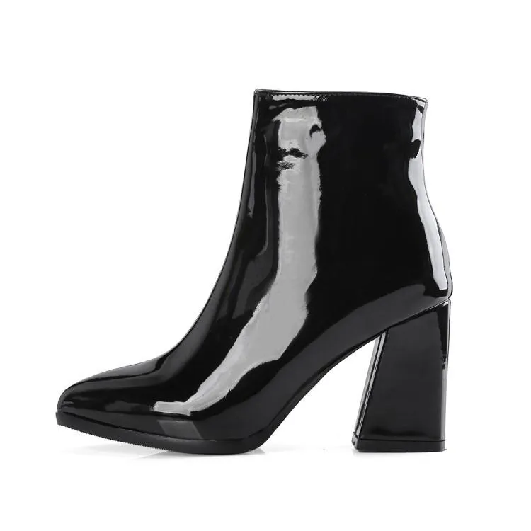 Women metal mirror pointed toe chunky high heel short boots