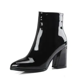 Women metal mirror pointed toe chunky high heel short boots