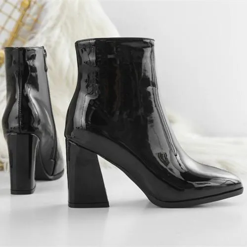 Women metal mirror pointed toe chunky high heel short boots