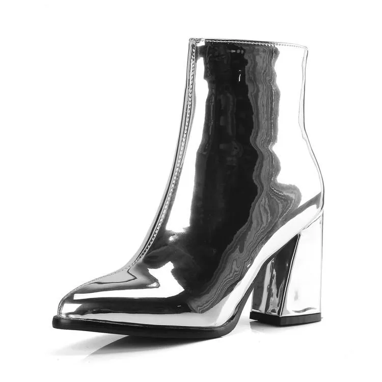 Women metal mirror pointed toe chunky high heel short boots