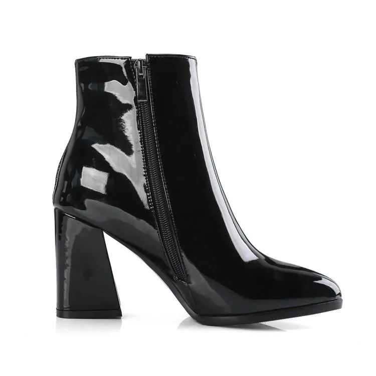 Women metal mirror pointed toe chunky high heel short boots