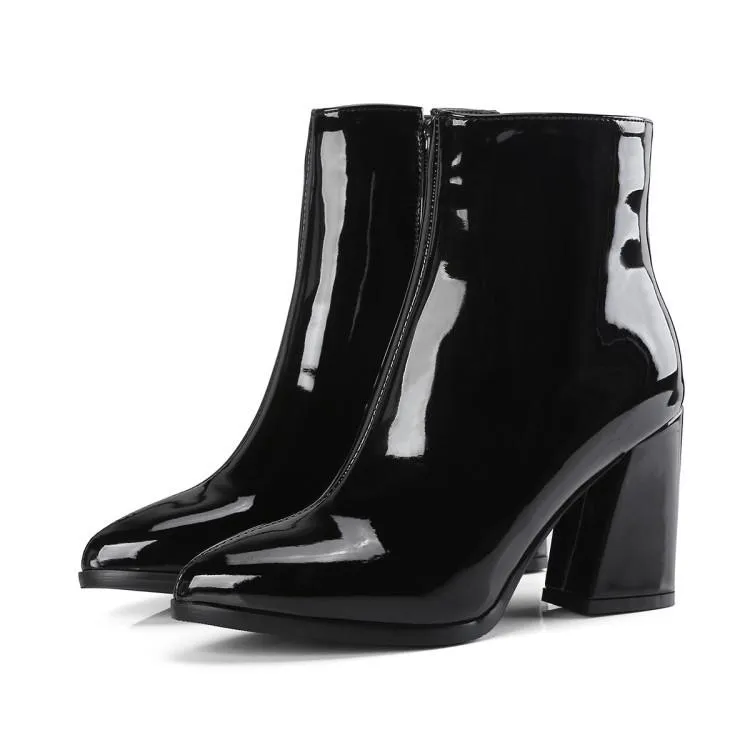 Women metal mirror pointed toe chunky high heel short boots