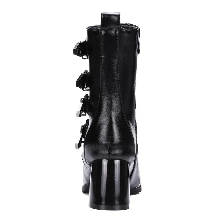 Women's Bicolor Pointed Toe Buckle Belts Block Chunky Heel Short Boots