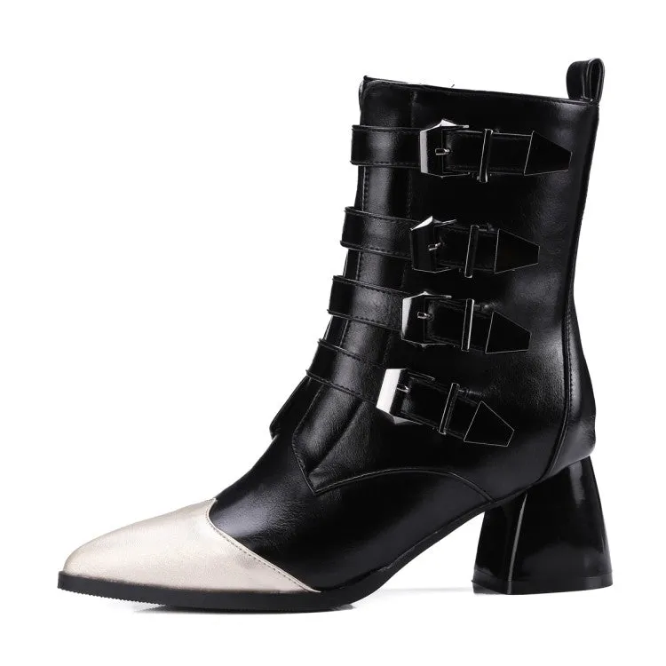 Women's Bicolor Pointed Toe Buckle Belts Block Chunky Heel Short Boots