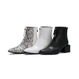 Women's Bicolor Snake Printed Pointed Toe Block Chunky Heel Short Boots