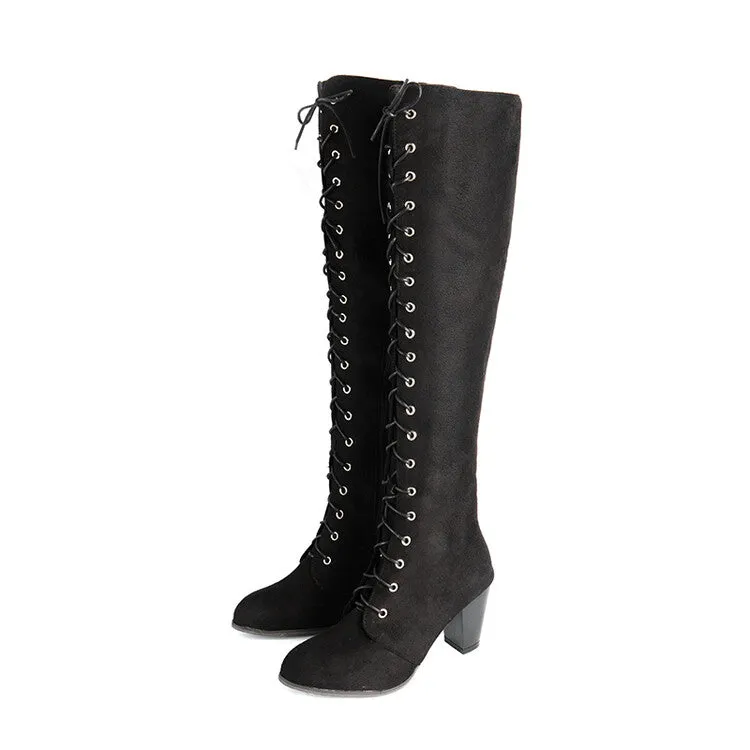 Women's Flock Lace Up Block Heel Knee High Boots