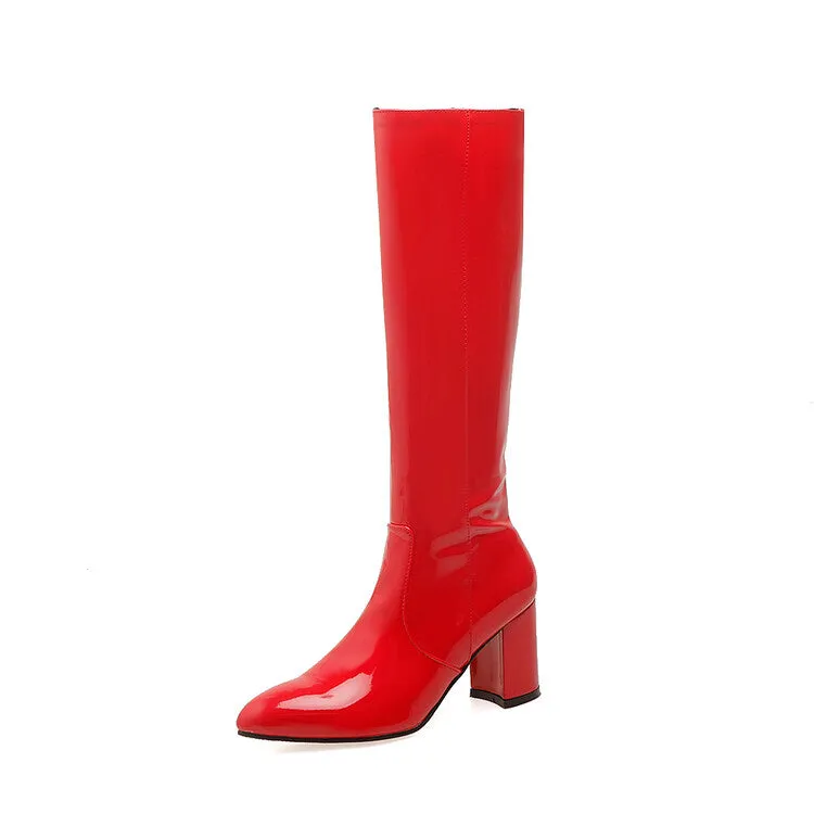 Women's Glossy Side Zippers Block Chunky Heel Knee High Boots