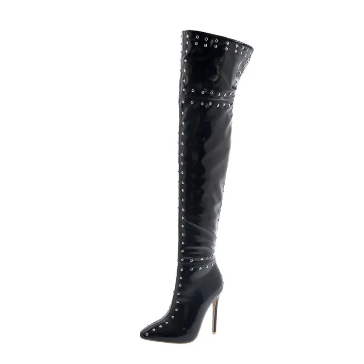 Women's Pointed Toe Rivets Patchwork Stiletto Heel Over the Knee Boots