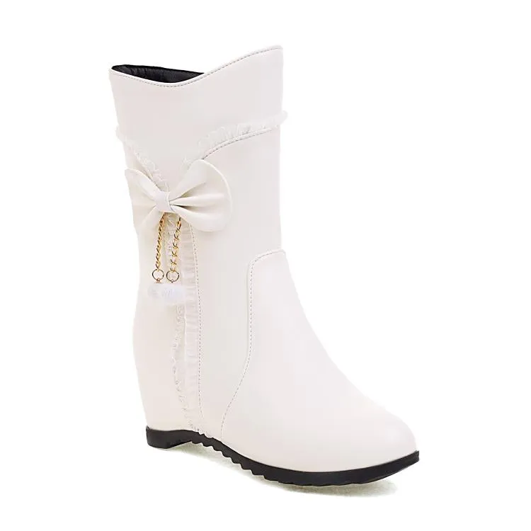 Women's Pu Leather Round Toe Side Zippers Bow Tie Pearls Inside Heighten Mid-Calf Boots