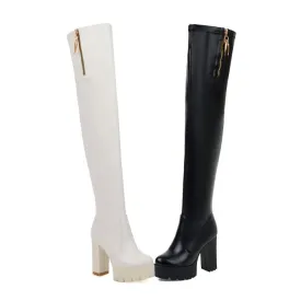 Women's Pu Leather Round Toe Side Zippers Chunky Heel Platform Over the Knee Boots