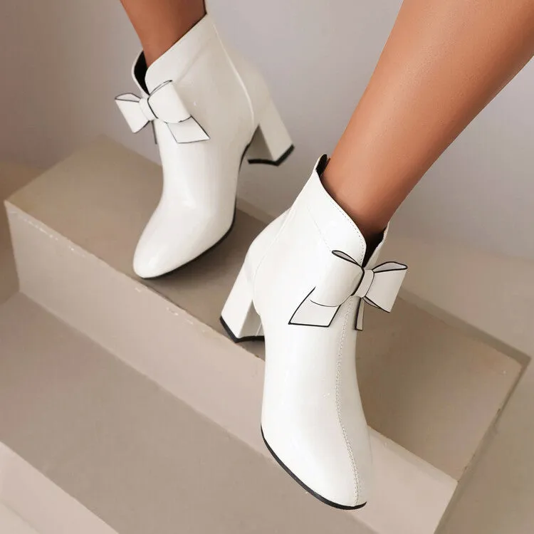 Women's Round Toe Bow Tie Block Chunky Heel Short Boots