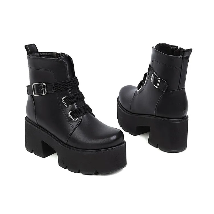 Women's Round Toe Buckle Straps Chunky Heel Platform Short Boots