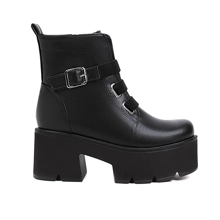 Women's Round Toe Buckle Straps Chunky Heel Platform Short Boots