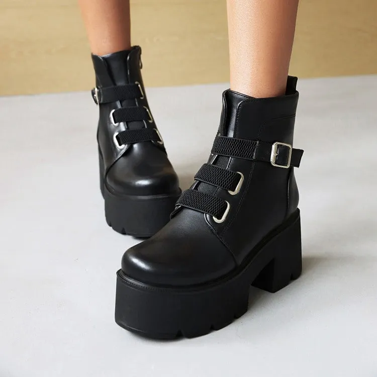 Women's Round Toe Buckle Straps Chunky Heel Platform Short Boots