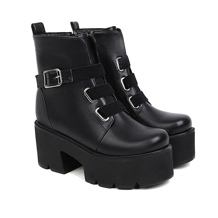 Women's Round Toe Buckle Straps Chunky Heel Platform Short Boots