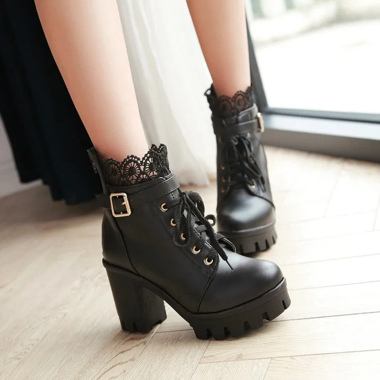 Women's Round Toe Lace Up Lace Chunky Heel Platform Ankle Boots