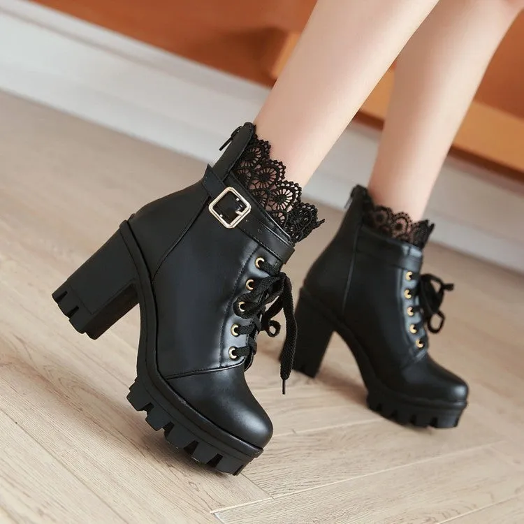 Women's Round Toe Lace Up Lace Chunky Heel Platform Ankle Boots