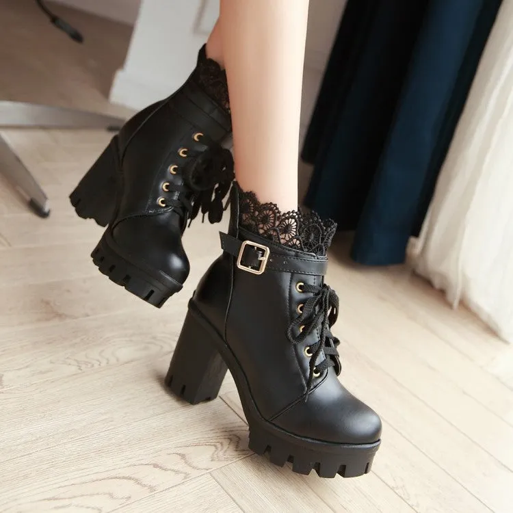 Women's Round Toe Lace Up Lace Chunky Heel Platform Ankle Boots