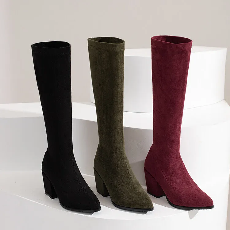 Women's Suede Round Toe Side Zippers Block Heel Knee High Boots